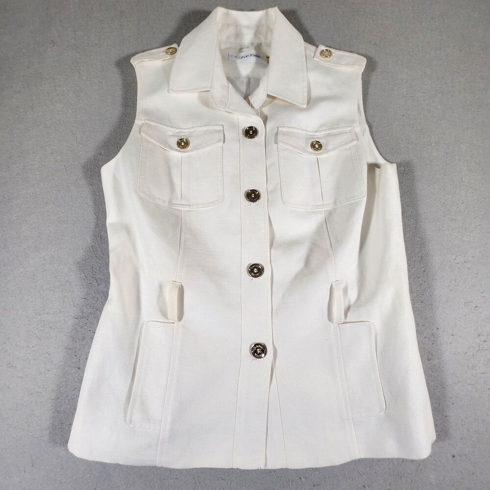 Calvin Klein Sleeveless White Linen Utility Vest Top w/ Gold-tone Buttons Size 8